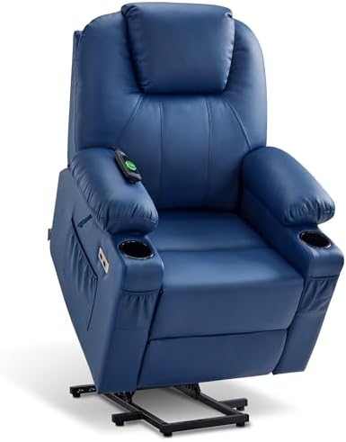 MCombo Electric Power Lift Recliner Chair Sofa with Massage and Heat for Elderly, 3 Positions, 2 Side Pockets, and Cup Holders, USB Ports, Faux Leather 7040 (Grey, Medium) — Large / Blue (2)