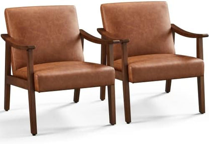 Yaheetech Faux Leather Accent Chair, Mid-Century Modern Armchair with Solid Wood Legs, Reading Leisure Chair with High Back for Living Room Bedroom Waiting Room, Set of 2, Brown — Brown / Faux Leather (10)