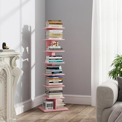 TUTOTAK Book Shelf, Narrow Spine Bookshelf, 8-Tier Bookcase for Small Space | 10.4 x 13.4 x 47.5 Inches Vertical Freestanding Corner Shelf for Living Room, Office, Study, Entryway, Brown BS06BB008