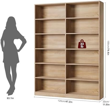 FACBOTALL Bookshelf and Bookcase, 6-Tier Double Wide Bookshelves,Freestanding Display Storage Shelves, Tall Bookcases for Home Decor Bedroom, Living Room, Home Office, Light Oak
