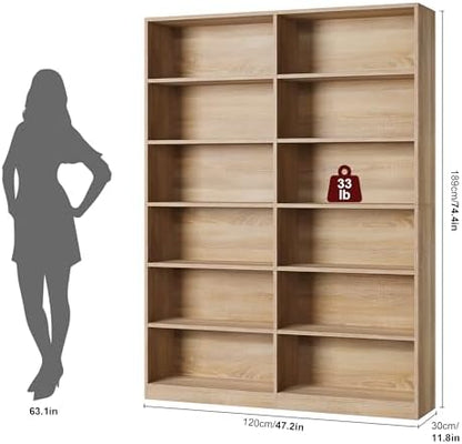 FACBOTALL Bookshelf and Bookcase, 6-Tier Double Wide Bookshelves,Freestanding Display Storage Shelves, Tall Bookcases for Home Decor Bedroom, Living Room, Home Office, Light Oak