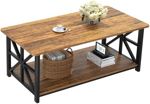 GreenForest Round Corners Coffee Table for Living Room | Rustic Style Center Table with Storage Shelf,39 Inch Space Saving Sofa Table,Easy Assembly,Gray Wash