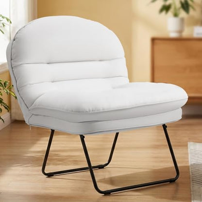 DUMOS Comfy Saucer Chair, Faux Fur Lounge Seasting XL Circle Chair for Bedroom, Dorm & Gaming, Foldable Fashion Accent Seat for Small Spaces, Folding Moon/Mushroom/Round Oversized Style,White — New White-pu Leather / Round-28 x 31 Inches (2)