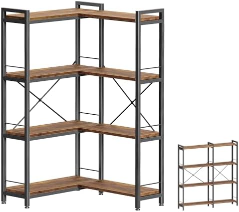 Huuger 5 Tier Bookshelf, L Shaped Corner Bookshelf with 10 Open Shelves, 49.4 Inch Straight Wide Bookcase with Metal Frame and Wooden Board, Adjustable Feet, Rustic Brown
