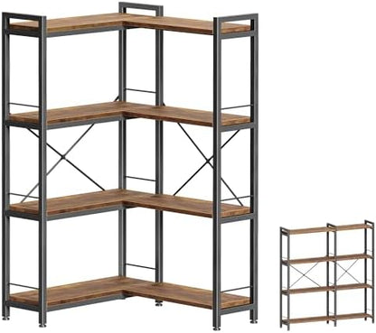 Huuger 5 Tier Bookshelf, L Shaped Corner Bookshelf with 10 Open Shelves, 49.4 Inch Straight Wide Bookcase with Metal Frame and Wooden Board, Adjustable Feet, Rustic Brown