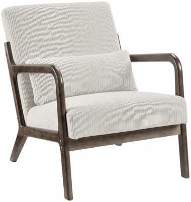 Garvee Mid-Century Chenille Accent Chair, Cozy Reading Chair, Modern Lounge Armchair with Lumbar Pillow, Solid Wood Frame, for Living Room, Bedroom, Office, Beige
