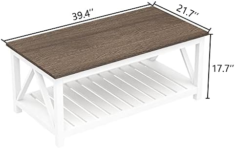 ChooChoo Farmhouse Coffee Table, Rustic Vintage Living Room Table with Shelf, 40 White
