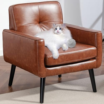 Vogue Furniture Direct Mid Century Accent Chair, PU Leather Modern Chair with Wooden Frame, Cozy Armchair Reading Chair with Comfy Back for Apartment, Living Room, Bedroom, Small Space, Corner, Brown
