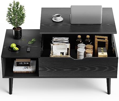 Wood Lift Top Coffee Table with Hidden Storage Compartment & Open Shelf, Multi-Functional Wooden Tabletop Dining Table for Living Room, Home Small Space — Black Wood / 39 Inches (2)