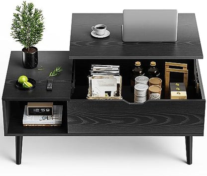 Wood Lift Top Coffee Table with Hidden Storage Compartment & Open Shelf, Multi-Functional Wooden Tabletop Dining Table for Living Room, Home Small Space — Black Wood / 39 Inches (2)