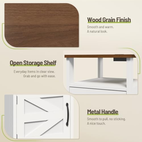 3 Pieces Farmhouse Coffee Table and End Table Sets with AC | 2 Side Tables with USB Ports for Living Room, Office, Apartment, White and Walnut