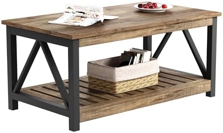 ChooChoo Farmhouse Coffee Table, Rustic Vintage Living Room Table with Shelf, 40 White — Rustic Oak & Black / 40 Inches (2)