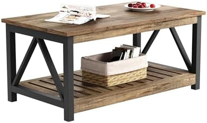 ChooChoo Farmhouse Coffee Table, Rustic Vintage Living Room Table with Shelf, 40 White — Rustic Oak & Black / 40 Inches (2)