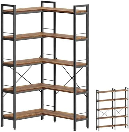Huuger 5 Tier Bookshelf, L Shaped Corner Bookshelf with 10 Open Shelves, 49.4 Inch Straight Wide Bookcase with Metal Frame and Wooden Board, Adjustable Feet, Rustic Brown