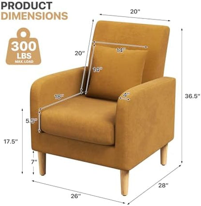 Magshion Accent Chair for Living Room, Comfy Mid-Century Reading Chair for Bedroom, Upholstered Linen Fabric Armchair Single Sofa with Back Pillow & Wood Legs, 300 lbs Capacity, Yellow