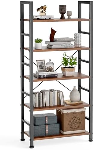 DUMOS 5 Tiers Bookshelf, Classical Modern Book Shelf, Tall Display Shelves in Living Room/Home/Office, Storage Organizer for CDs/Books/Movies, Rustic Brown | Tall Display Shelves in Living Room/Home/Office, Storage Organizer for CDs/Books/Movies, Rustic B
