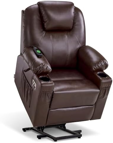 MCombo Electric Power Lift Recliner Chair Sofa with Massage and Heat for Elderly, 3 Positions, 2 Side Pockets, and Cup Holders, USB Ports, Faux Leather 7040 (Grey, Medium) — Large / Dark Brown (2)