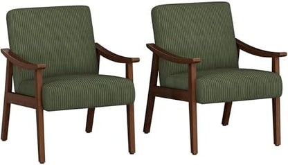 Yaheetech Faux Leather Accent Chair, Mid-Century Modern Armchair with Solid Wood Legs, Reading Leisure Chair with High Back for Living Room Bedroom Waiting Room, Set of 2, Brown — Dark Green / Corduroy Fabric (2)