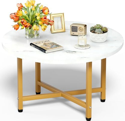 FAMIDGE Coffee Table, 23.6" Coffee Tables for Living Room, Round Coffee Table with Metal Frame, Floor Table for Sitting on The Floor, Home, Office, Black — Style4 White & Gold(23.6dx17.7h) / 1 Tier (2)