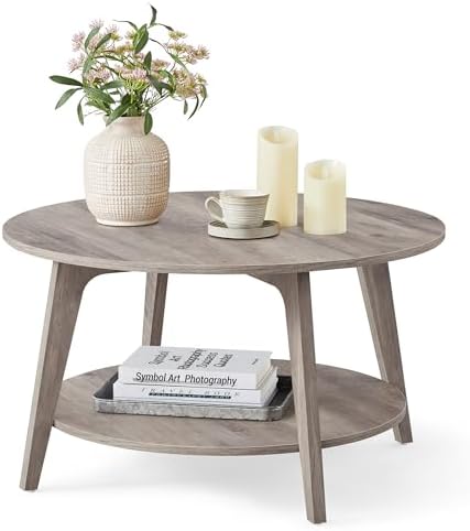 VASAGLE MAEZO Collection - Round Coffee Table, 2-Tier Center Table with Storage, Tapered Legs, Curved Transitions, 31.5 Dia. x 17.7 H Inches, Easy Assembly, for Living Room, Honey Brown ULCT243K41 — Heather Greige (2)