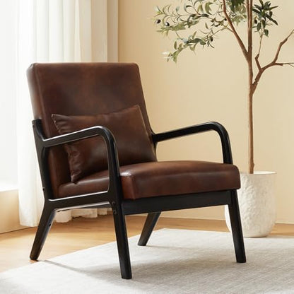 Achicsofar Accent Chair Mid Century Modern Armchair with Lumbar Support Pillow Wood Legs PU Leather Upholstered Lounge Chairs Comfy High Back Cushion for Living Room Bedroom