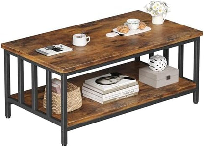 Homeiju Coffee Table for Living Room with Slatted Sides Frame, Modern Farmhouse Living Room Table with 2-Tier Storage Shelf for Home Office, Apartment, Grey Wash, 39 inch — 39.4L*21.6W*18.1H / Rustic Brown (2)