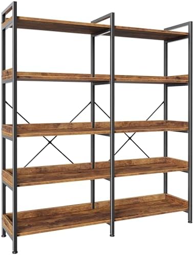 Huuger 5 Tier Bookshelf, Display Bookshelf with 10 Open Shelves and Raised Baffle, 47.2 Inch Straight Wide Bookcase with Metal Frame and Wooden Board, Adjustable Feet, Rustic Brown