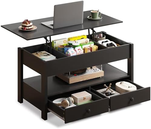 WLIVE Coffee Table with Lifting Top, Hidden Storage & Adjustable Shelf for Living Room Small Space, Multifunctional Rising Wooden Center Table, Mid Century Modern Tables for Home Dining Office, Brown
