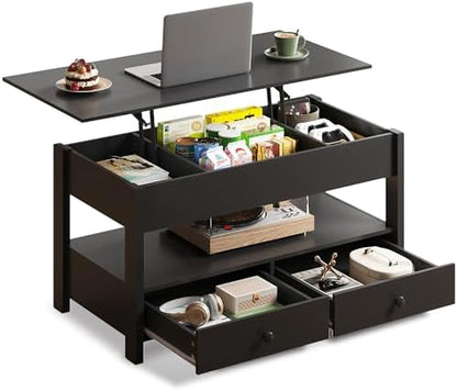 WLIVE Coffee Table with Lifting Top, Hidden Storage & Adjustable Shelf for Living Room Small Space, Multifunctional Rising Wooden Center Table, Mid Century Modern Tables for Home Dining Office, Brown
