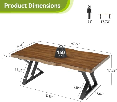 47 Inch Solid Wood Coffee Table with X-Shaped Metal Legs for Living Room | Pinewood Tabletop, Wavy Sihouette Design, Adjustable Foot Pads, Spacious Accent Center Table for Daily Storage & Display