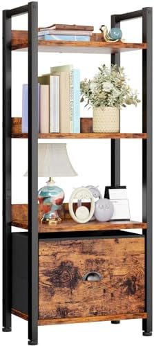 Furologee 5 Tier Bookshelf with Drawer, Tall Narrow Bookcase with Shelves, Wood and Metal Bookshelves Storage Organizer, Industrial Display Standing Shelf Unit for Bedroom, Living Room, Rustic Brown
