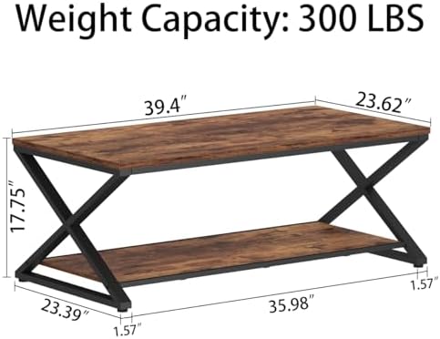 HSH Wood Coffee Table with Storage, Farmhouse Rustic Brown Coffee Table for Living Room, Modern Minimalist 2 Tier Center Table, Simple Rectangle Cocktail Tea Table in Home Office Bedroom, 39 Inch