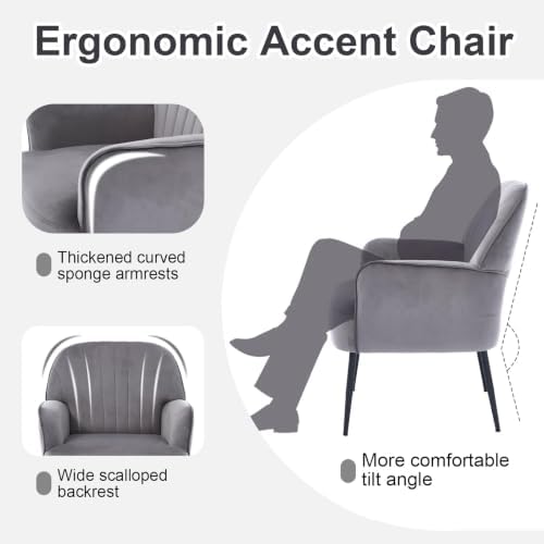 Velvet Accent Chair, Channel Tufted Shell Back Armchair, Ergonomic Upholstered Reading Chair with Wood Legs, Modern Single Sofa Chair for Living Room, Bedroom, Vanity (Gray)