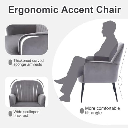 Velvet Accent Chair, Channel Tufted Shell Back Armchair, Ergonomic Upholstered Reading Chair with Wood Legs, Modern Single Sofa Chair for Living Room, Bedroom, Vanity (Gray)