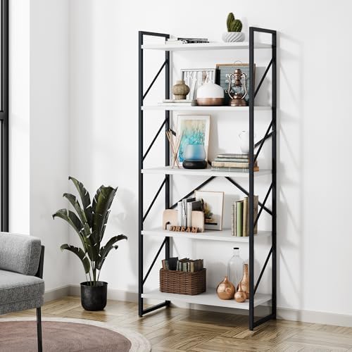 Shintenchi 5 Tiers Bookshelf, Classically Tall Bookcase Shelf, Industrial Book Rack, Modern Book Holder in Bedroom/Living Room/Home/Office, Storage Rack Shelves for Books/Movies-Rustic Brown — White (2)