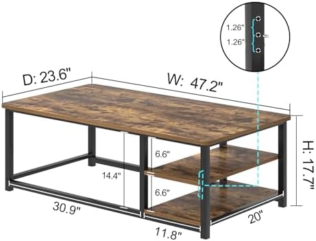 EXCEFUR Modern Coffee Table, Rustic Wood and Metal Living Room Table with Storage Shelf, Industrial Brown, 47 Inch