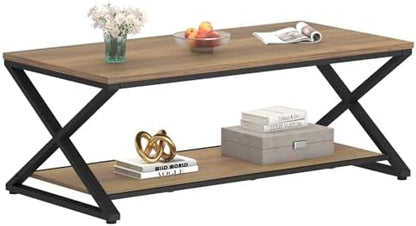 HSH Rustic Farmhouse Coffee Table, Modern Minimalist Wood and Metal Living Room Table, 2 Tie Rectangle Center Table with Storage & Display Shelf, Simple Office Cocktail Tea Table, Rustic Oak, 39 Inch