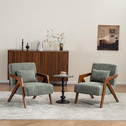 Mid-Century Modern Accent Chair with Solid Wood Frame，Upholstered Chenille Living Room Arm Chairs with Pillow for Bedroom, Living Room, Balcony, Reading Room, Green — 1 / Green (9)