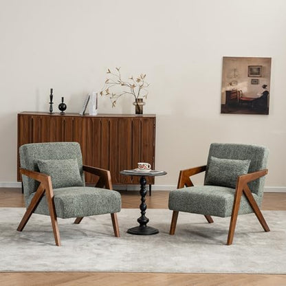 Mid-Century Modern Accent Chair with Solid Wood Frame，Upholstered Chenille Living Room Arm Chairs with Pillow for Bedroom, Living Room, Balcony, Reading Room, Green — 1 / Green (9)