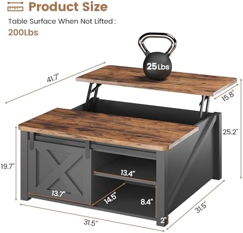 SEDETA 31.5" Lift Top Coffee Table with Storage, Square Coffee Tables for Living Room, Farmhouse Coffee Table with Large Hidden Storage Compartment and Adjustable Shelves, Black