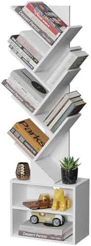 SUNMORY 6 Tier Tree Bookshelf, Small Bookcase with Storage Cabinet, Modern Tall Narrow Bookshelves Organizer, Floor Standing Book Shelf for Bedroom/Living Room/Home Office/Corner, Rustic Brown — White / 6 Tier-Standard (2)