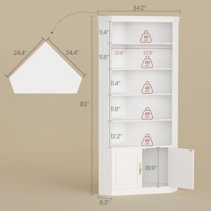 UPOSOJA 83” Tall Corner Bookshelf with Storage Cabinet, L-Shaped 5 Tier Bookcase Open Racks, Classical Style Bookshelves Adjustable Shelves, Home Office, Living Room & Kitchen