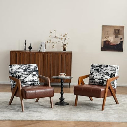 Mid-Century Modern Accent Chair with Solid Wood Frame，Upholstered Chenille Living Room Arm Chairs with Pillow for Bedroom, Living Room, Balcony, Reading Room, Green — 1 / Camel (2)