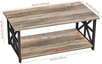 GreenForest Round Corners Coffee Table for Living Room | Rustic Style Center Table with Storage Shelf,39 Inch Space Saving Sofa Table,Easy Assembly,Gray Wash