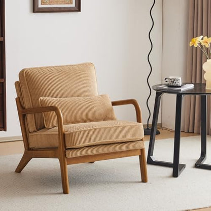 Karl home Mid-Century Modern Accent Reading Chair, Beige | Linen Upholstered, Solid Wood Frame, Soft Cushion, Lumbar Pillow, Lounge Armchair for Living Room, Bedroom, Balcony, Study — Corduroy Khaki (2)
