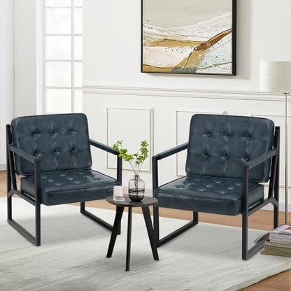 COLAMY Mid Century Modern Accent Chair Set of 2, Comfy Living Room Chair, Black Leather Accent Chair, Faux Leather Reception Armchair with Metal Legs for Living Room Bedroom Reception Office, Black — Blue / Set of 1 (2)
