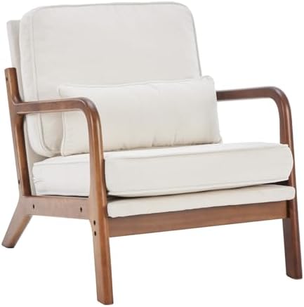 DUMOS Mid Century Modern Accent Chair, Armchair with Lumbar Pillow and Waist Cushion, Solid Wood Frame Lounge Chair for Living Room, Bedroom, Reading Nook, Small Apartment Corner, Ivory White