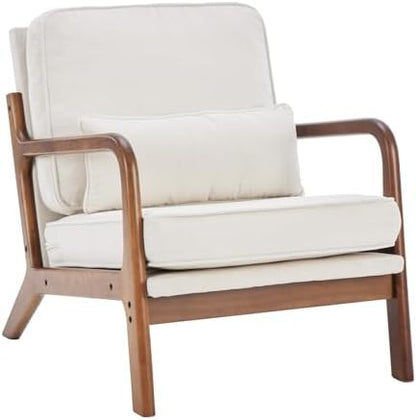 DUMOS Mid Century Modern Accent Chair, Armchair with Lumbar Pillow and Waist Cushion, Solid Wood Frame Lounge Chair for Living Room, Bedroom, Reading Nook, Small Apartment Corner, Ivory White