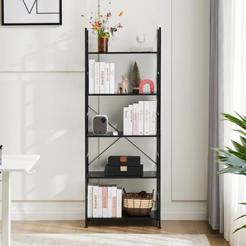 DUMOS 5 Tiers Open Bookshelf, Classic Freestanding Tall Display Shelf | Multifunctional Storage Organizer Rack for Living Room Home Office, Sturdy Bookcase for CDs/Books/Movies, Modern Black