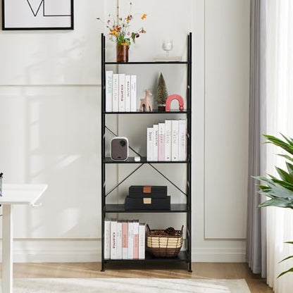 DUMOS 5 Tiers Open Bookshelf, Classic Freestanding Tall Display Shelf | Multifunctional Storage Organizer Rack for Living Room Home Office, Sturdy Bookcase for CDs/Books/Movies, Modern Black
